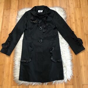 An Ren Unique Ruffled Accent Boho Metallic Gold Black Womens Trench Coat size S